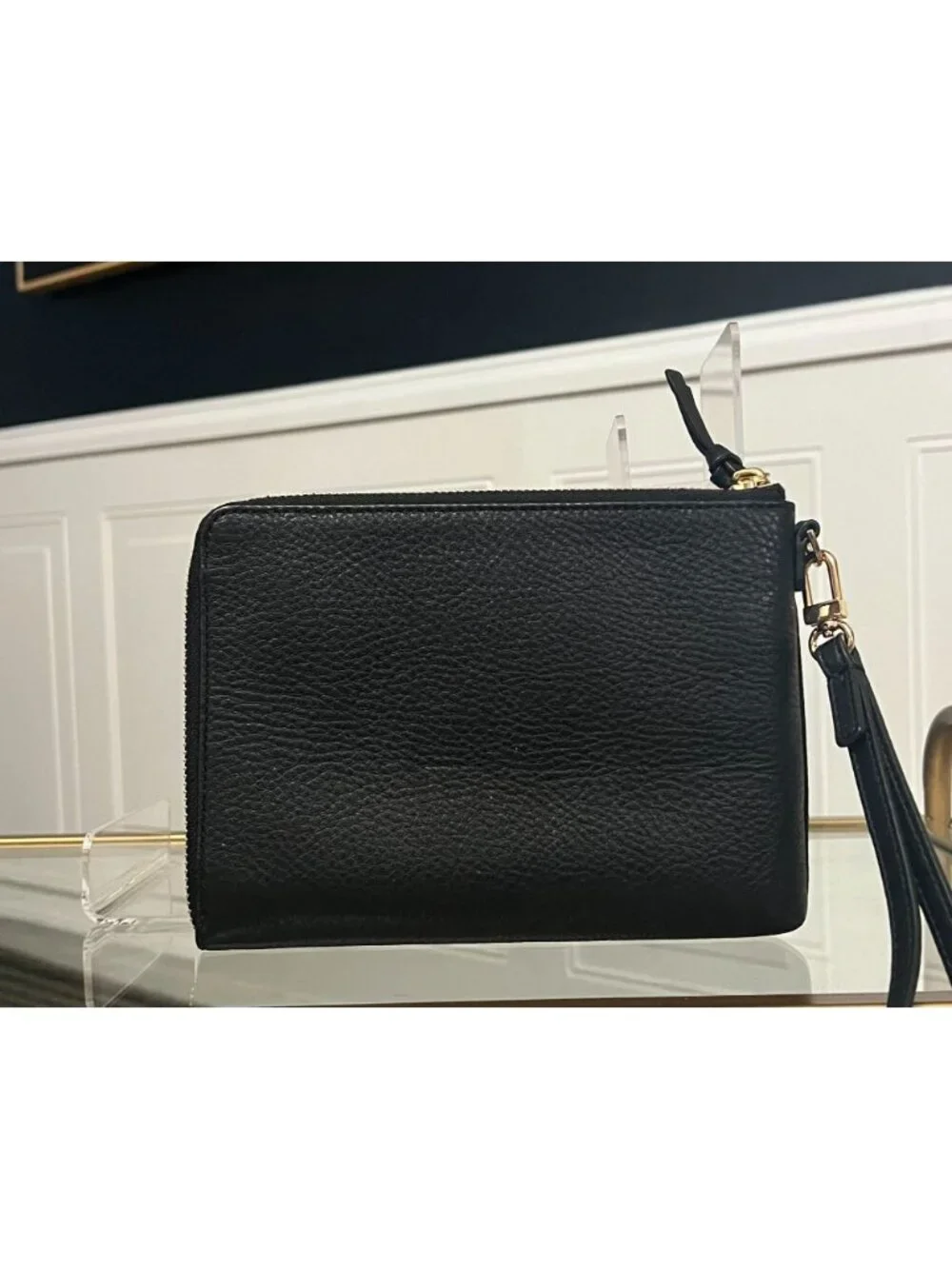 Tory Burch Britten Large Pebbled Leather Zip Pouch Wristlet - Black & Gold